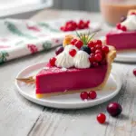 A festive Cranberry Custard Pie with creamy pink Cranberry Custard Pie Filling topped with sugared cranberries and whipped cream, perfect for Fruit Pies For Christmas.