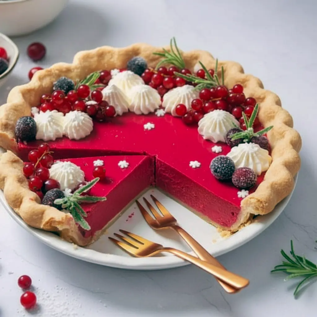 A festive Cranberry Custard Pie with creamy pink Cranberry Custard Pie Filling topped with sugared cranberries and whipped cream, perfect for Fruit Pies For Christmas.