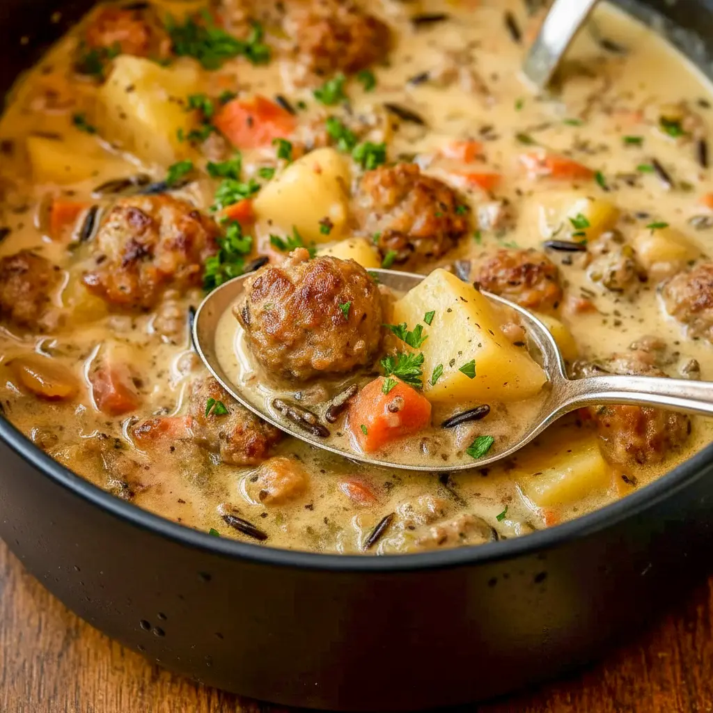 Creamy sausage and potato chowder in a bowl, topped with melted cheddar and chopped parsley — hearty, cozy dinner bowl.