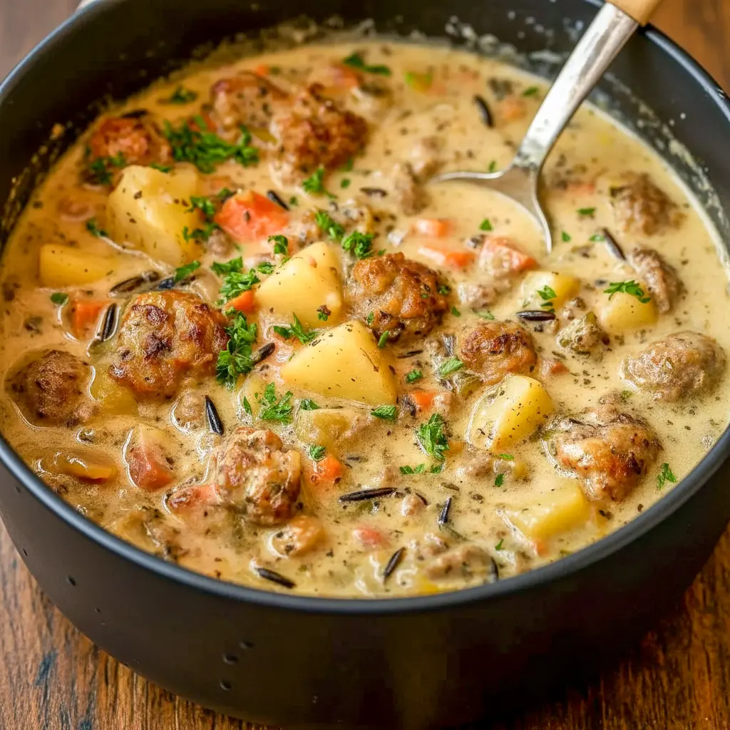 Creamy sausage and potato chowder in a bowl, topped with melted cheddar and chopped parsley — hearty, cozy dinner bowl.