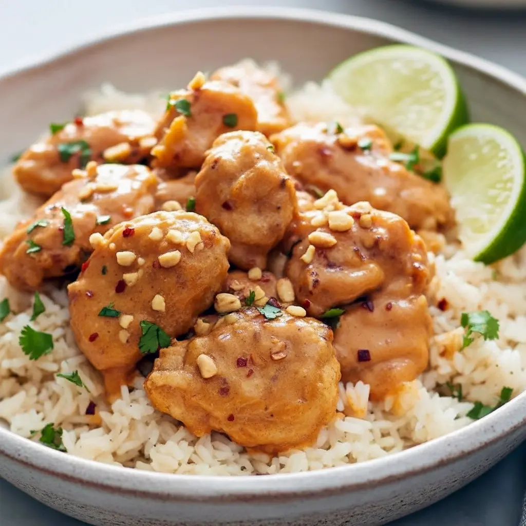 A bowl of Peanut Chicken made in a Crock Pot Slow Cooker, topped with crushed peanuts and cilantro, served over jasmine rice — an easy and delicious Thai-inspired weeknight meal, Crock Pot Thai Peanut Chicken.