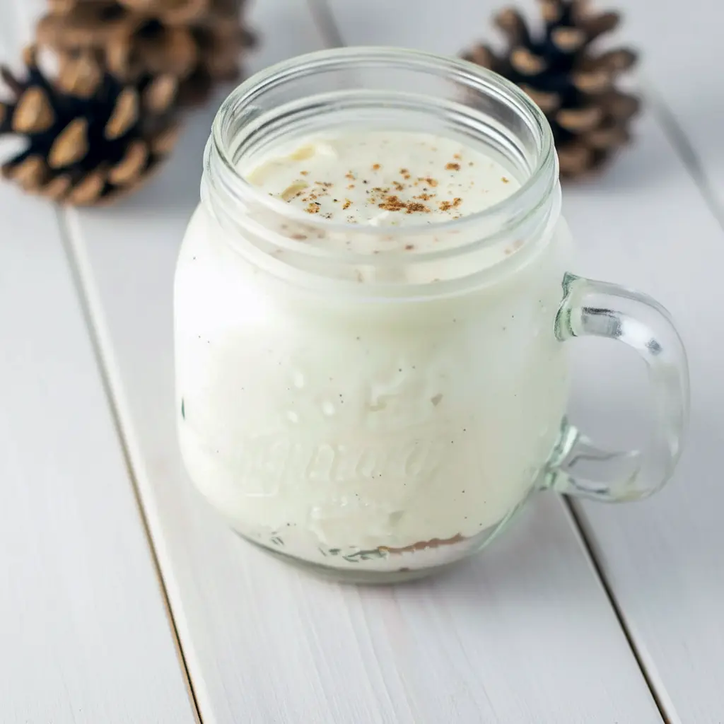 Eggnog Mousse Recipe: creamy eggnog mousse in a mason jar topped with gingerbread streusel and a light dusting of nutmeg.