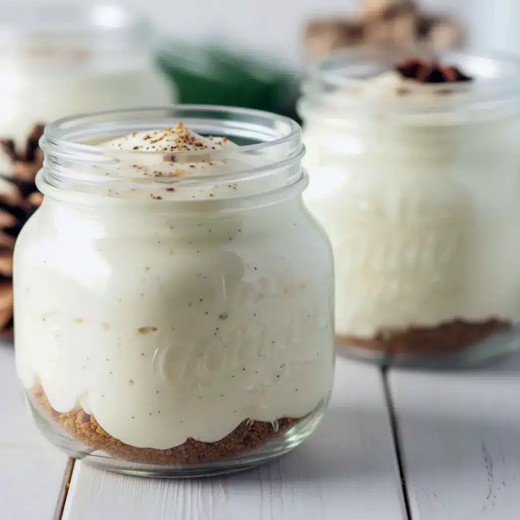 Eggnog Mousse Recipe: creamy eggnog mousse in a mason jar topped with gingerbread streusel and a light dusting of nutmeg.