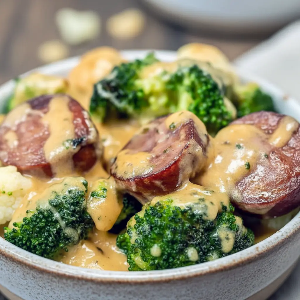 Cheesy broccoli and cauliflower au gratin with browned sausage baked in a casserole dish — an easy, comforting keto recipe featuring Low Carb Meals With Sausage, ideal for Keto Small Meals or Keto Friendly Lunch.