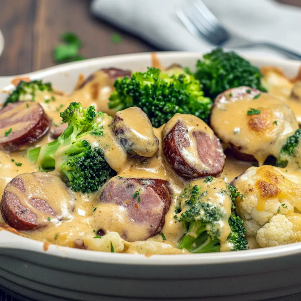 Cheesy broccoli and cauliflower au gratin with browned sausage baked in a casserole dish — an easy, comforting keto recipe featuring Low Carb Meals With Sausage, ideal for Keto Small Meals or Keto Friendly Lunch.