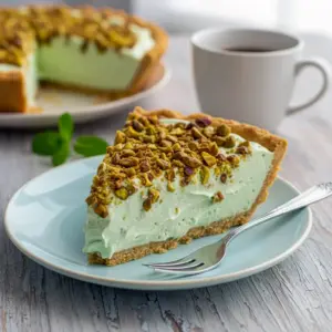 A creamy slice of Easy Pistachio Cream Pie topped with whipped cream and crushed pistachios, sitting on a graham cracker crust—an irresistible no-bake Pistachio Dessert perfect for holidays and summer parties.