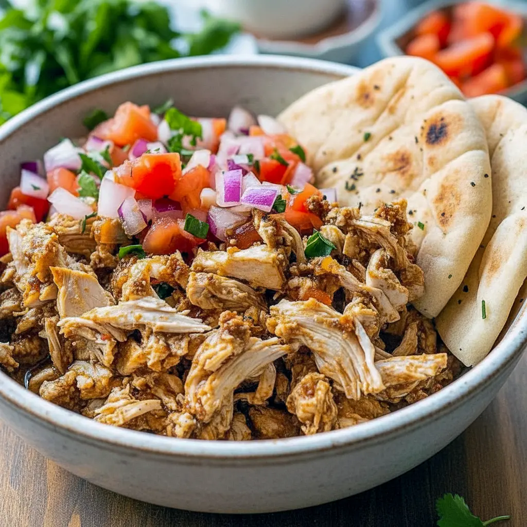 Pita piled with shredded Crockpot Chicken Schwarma Recipes, yogurt sauce, and herbs — a simple, healthy crowd-pleaser great for Crockpot Diet Recipes.