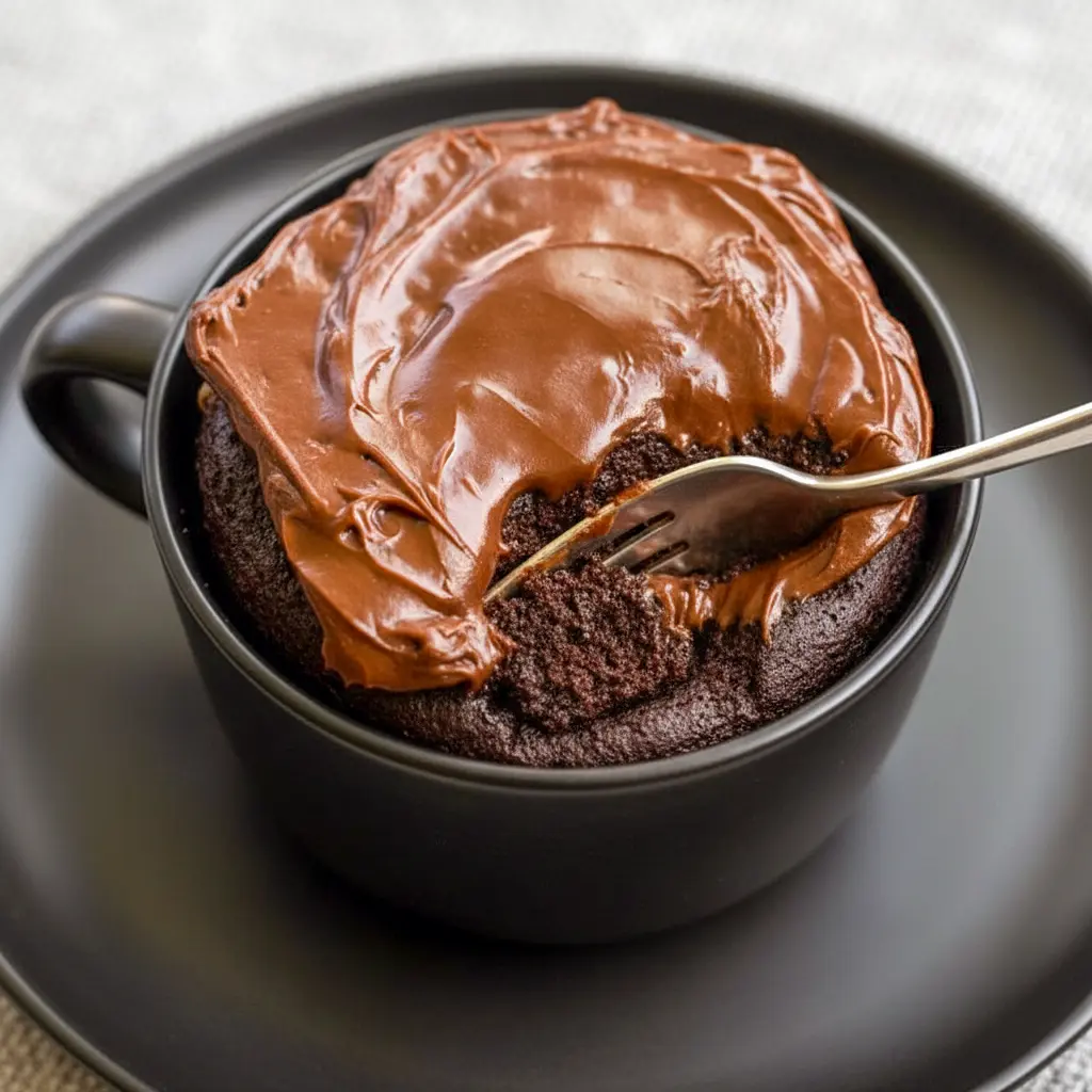 Fudgy chocolate mug cake in a white mug, spoon scooping a warm, gooey center (topped with a small dollop of whipped cream), Quick Chocolate Mug Cake.