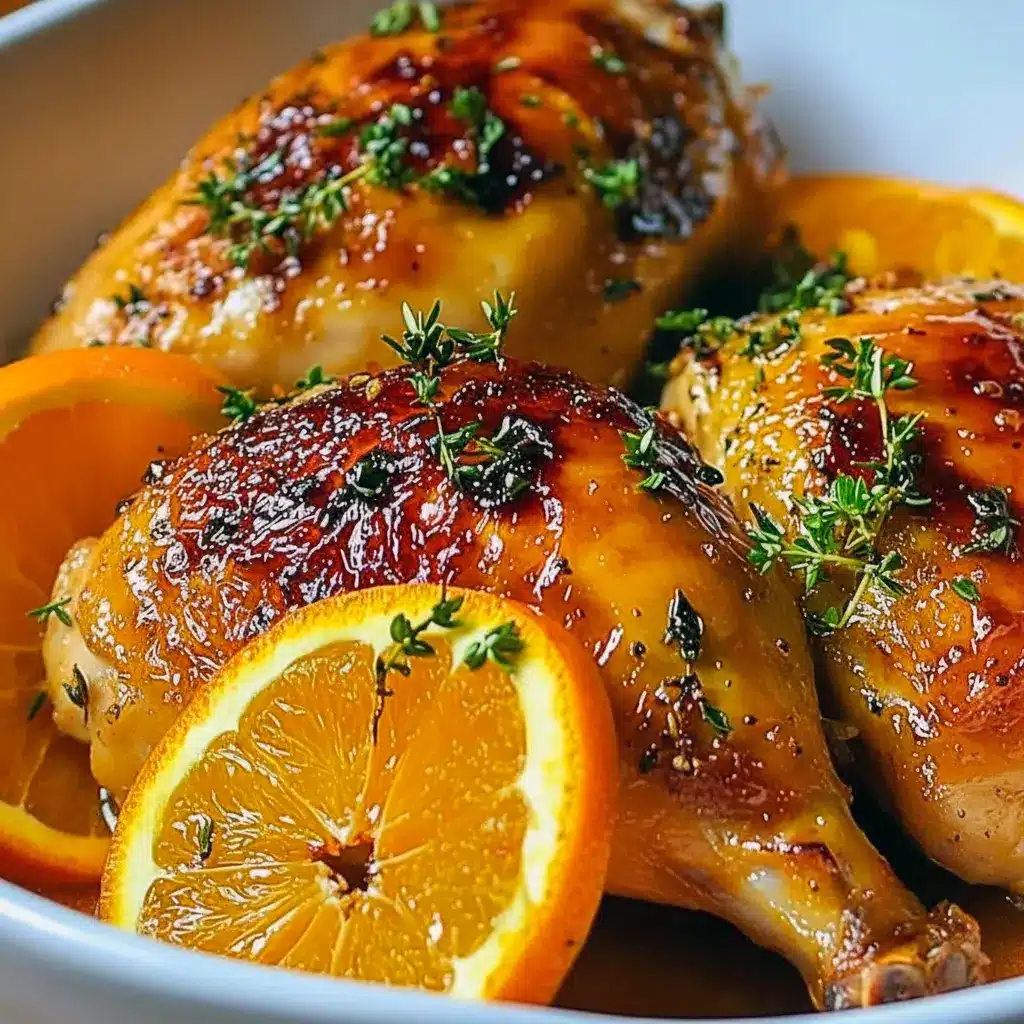 Golden roasted chicken thighs with a shiny orange glaze, thin orange slices and thyme garnish, served on a white platter with roasted vegetables and a spoonful of pan sauce, Roasted Orange Chicken.