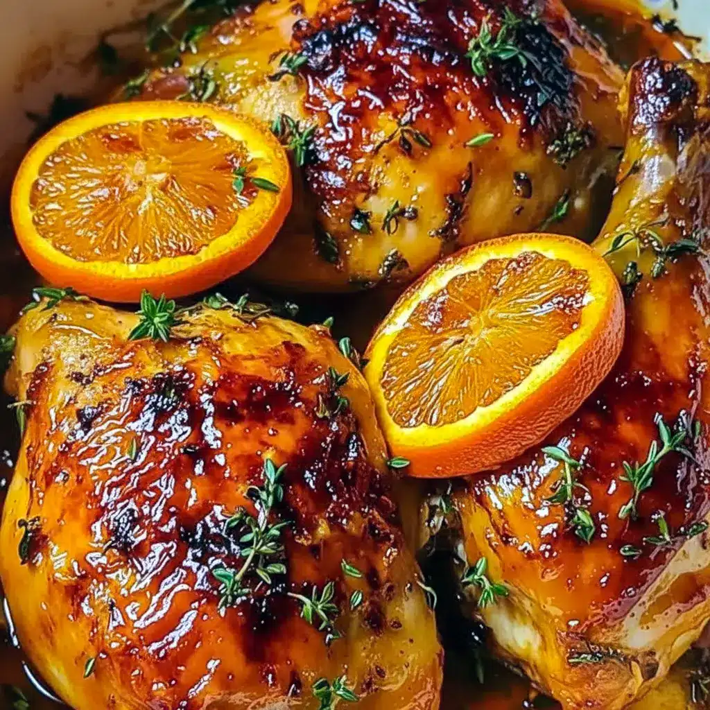Golden roasted chicken thighs with a shiny orange glaze, thin orange slices and thyme garnish, served on a white platter with roasted vegetables and a spoonful of pan sauce, Roasted Orange Chicken.