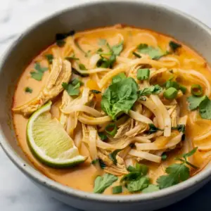 Bowl of creamy Easy Thai Chicken Curry Soup filled with noodles, tender chicken, herbs, and coconut-curry broth, perfect for fans of Easy Thai Soup Dinner Ideas, Thai Ginger Chicken Soup, Easy Thai Soup, Salt And Lavender Thai Chicken Soup, Easy Thai Chicken Curry Soup Salt And Lavender, flavorful Thai Soup Recipes Easy, cozy Ginger-spice Chicken Soup, and vibrant Thai Curry Soup Recipes.