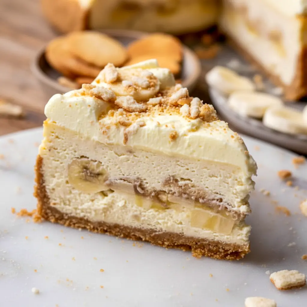 Slice of banana-pudding–style cheesecake topped with whipped vanilla pudding and crushed vanilla wafer crumbs, Banana Pudding Cheesecake.