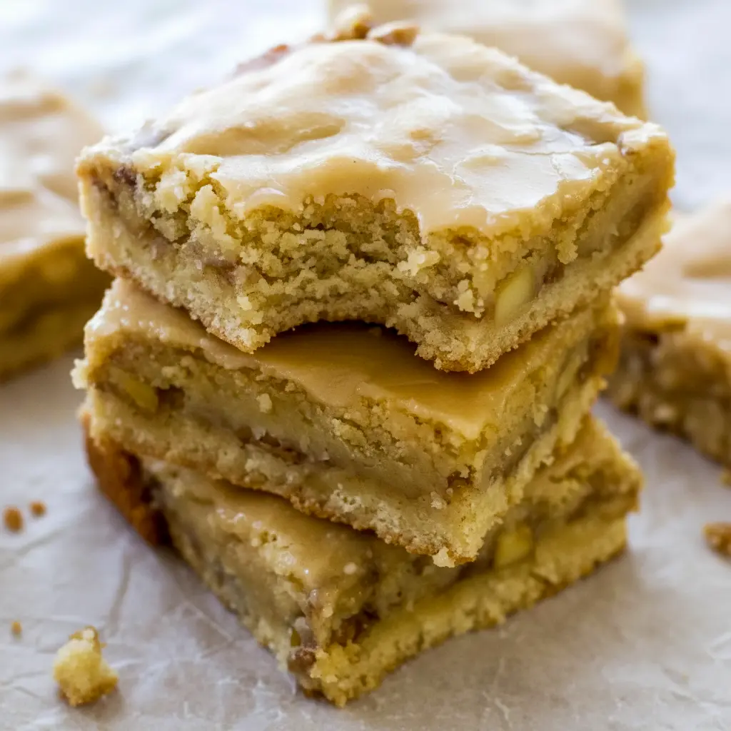 Golden-brown blondie squares dotted with tender apple pieces, drizzled with glossy maple glaze and dusted with cinnamon — a warm, fall dessert ready to serve, Fall Blondies Recipe.