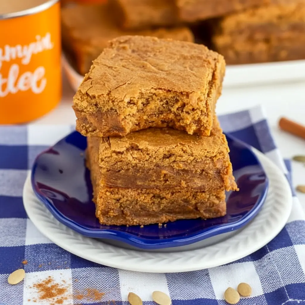 Stack of chewy pumpkin blondies with visible cinnamon chips, drizzled caramel, and a sprinkle of flaky sea salt on a rustic wooden board, Pumpkin Spice Blondies.