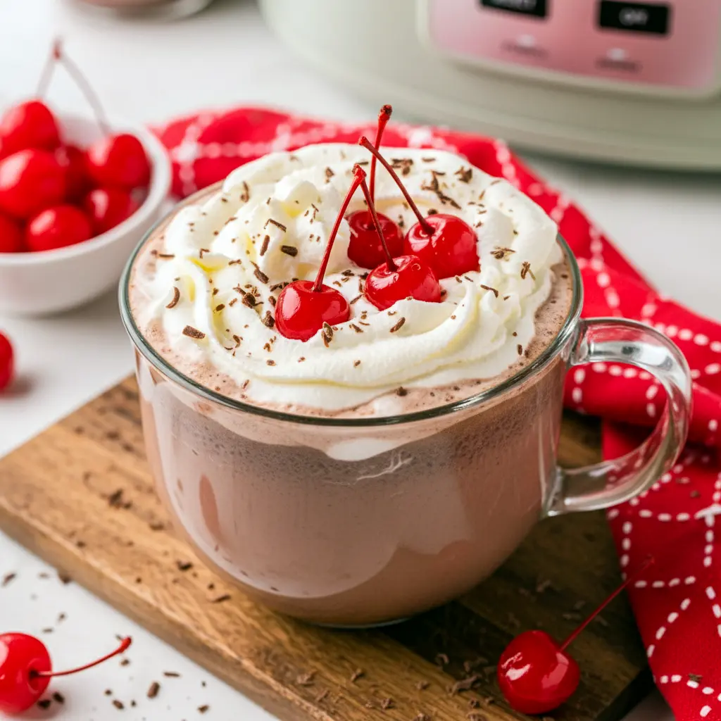 Hot Cocoa Drinks slow cooker mug of cherry chocolate topped with whipped cream and cherries — a Holiday Homemade Cocoa Drink that’s an easy pick for Hot Chocolate Flavor Ideas or a special Specialty Hot Chocolate treat, Christmas Hot Chocolate Recipes.