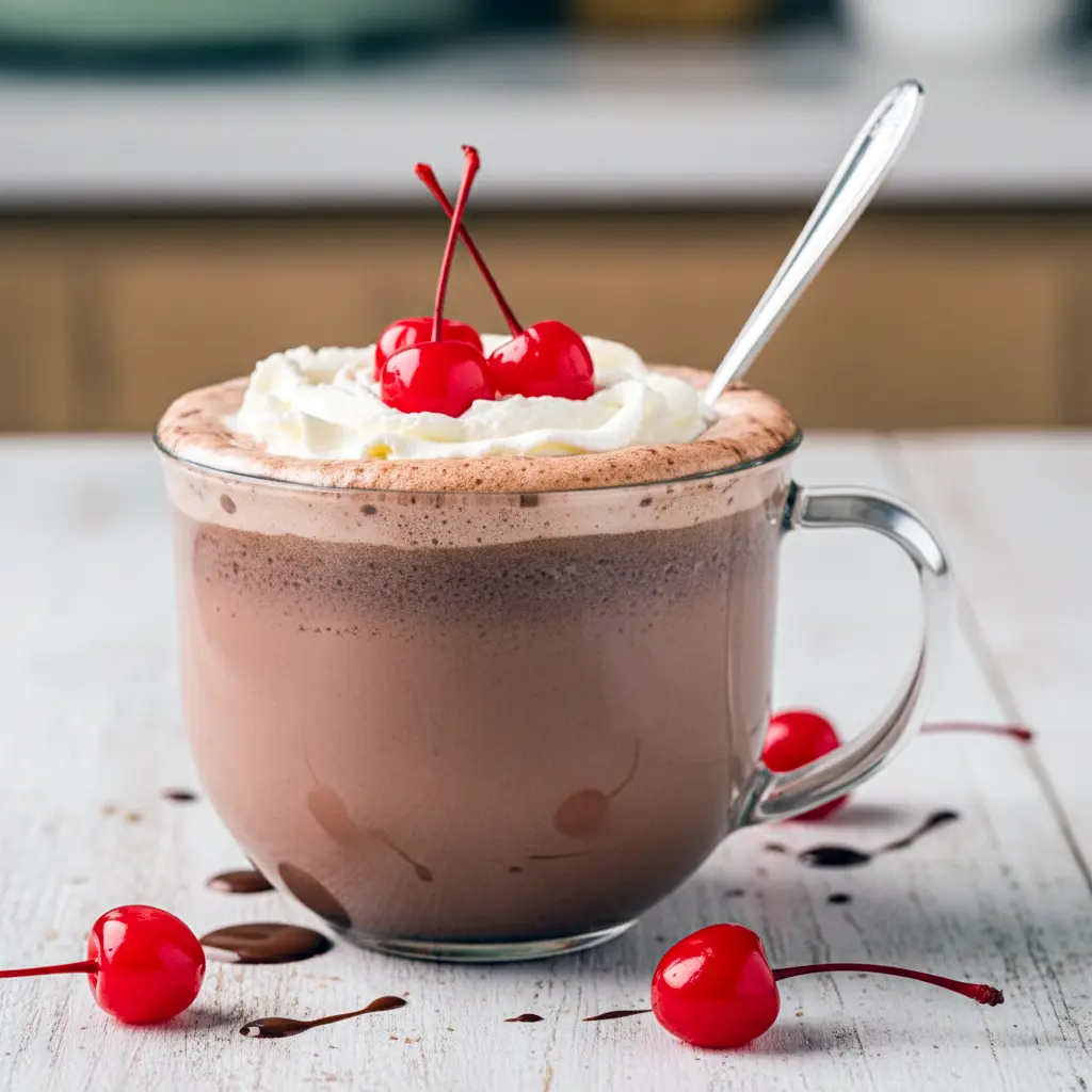 Hot Cocoa Drinks slow cooker mug of cherry chocolate topped with whipped cream and cherries — a Holiday Homemade Cocoa Drink that’s an easy pick for Hot Chocolate Flavor Ideas or a special Specialty Hot Chocolate treat.
