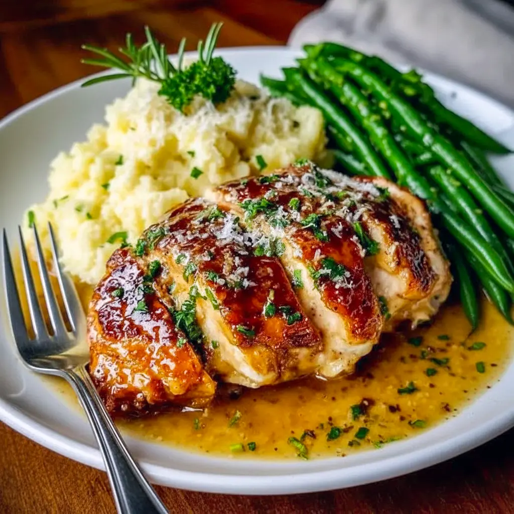 Christmas Chicken Breast Recipes idea, Pan-seared chicken breasts coated in a glossy garlic cream sauce, garnished with chopped parsley and lemon wedges, plated beside mashed potatoes.