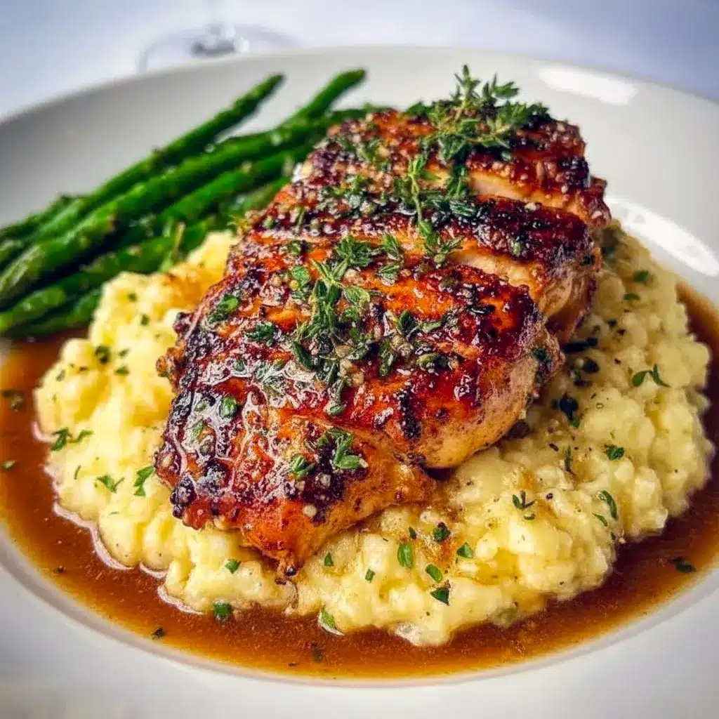 Christmas Chicken Breast Recipes idea, Pan-seared chicken breasts coated in a glossy garlic cream sauce, garnished with chopped parsley and lemon wedges, plated beside mashed potatoes.