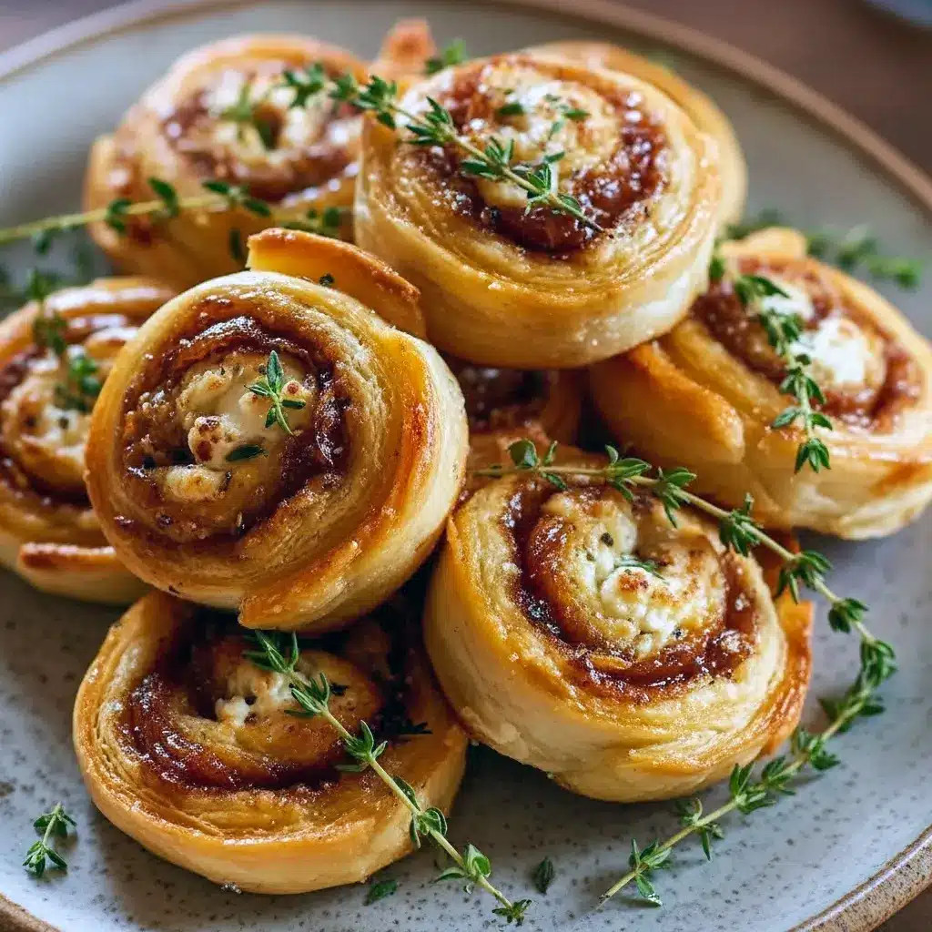 Close-up of golden pinwheels with fig jam and goat cheese on parchment, styled for a seasonal spread; ideal for Fall Veggie Appetizers, creative Savory Chocolate Appetizers pairings, elegant New Year's Eve Food Ideas, and hearty Vegetarian Party Food Ideas, Christmas Appetizers With Puff Pastry.