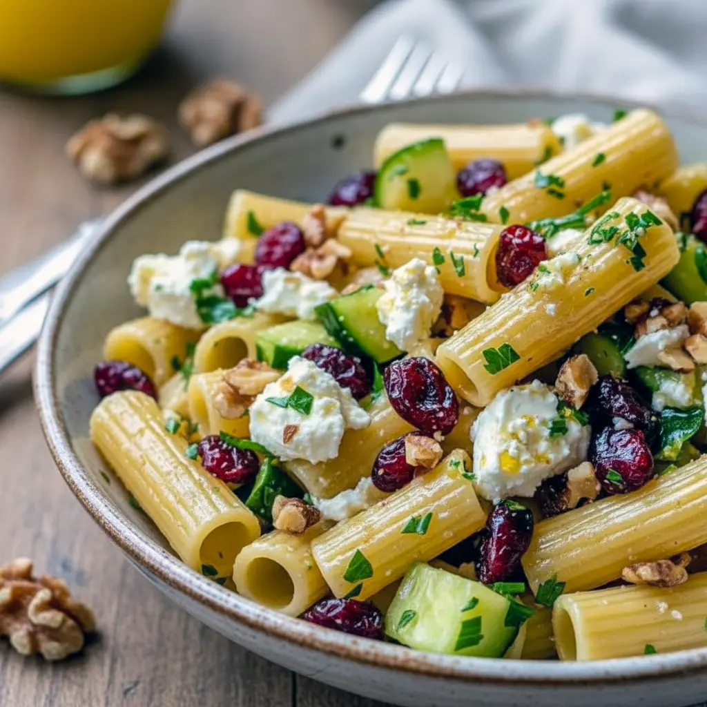 A bright bowl of Cranberry Feta Pasta Salad featuring rigatoni, feta, cranberries, and lemon vinaigrette — a refreshing option for Best Cold Dinner Ideas or Pasta Salad Appetizers.