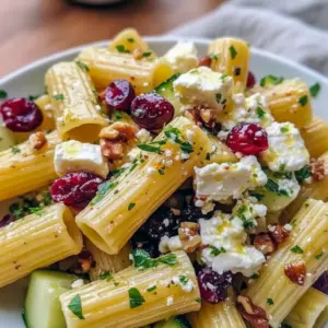 A bright bowl of Cranberry Feta Pasta Salad featuring rigatoni, feta, cranberries, and lemon vinaigrette — a refreshing option for Best Cold Dinner Ideas or Pasta Salad Appetizers.