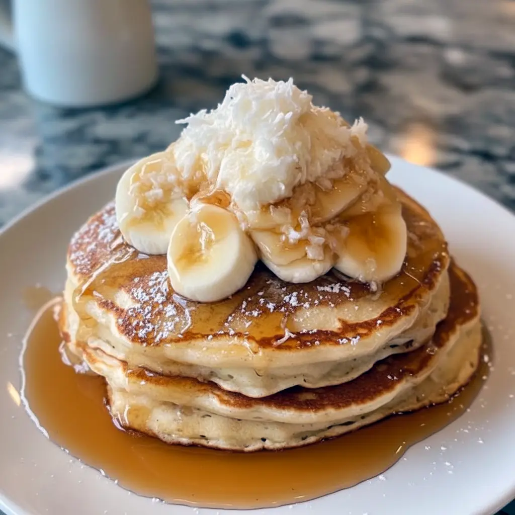 Coconut Cream Pancakes stacked on a plate, drizzled with syrup and topped with toasted coconut and fruit — a photo showcasing inventive Pancakes Flavors, ideal for Summer Pancake Recipes or winter comfort as Winter Pancakes, perfect inspiration for Breakfast Menus Ideas and All Day Breakfast, a tasty option for Healthy Ideas For Breakfast, with a nod to White Chocolate Pancakes and Southern Breakfast Recipes.