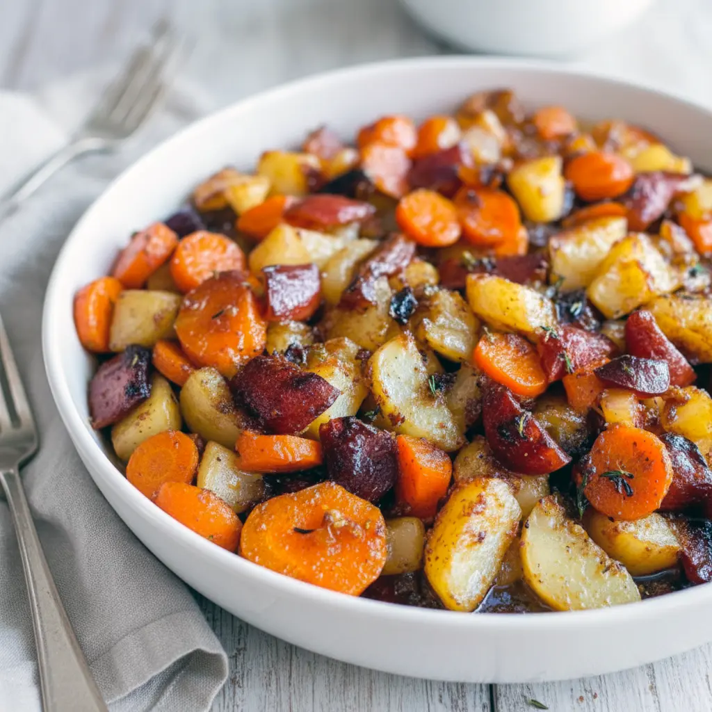 Close-up of glossy roasted apple and carrot slices on a platter, golden and caramelized — perfect Thanksgiving Dish.