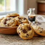Baileys Cookies Recipe on a rustic plate: stacked Irish Chocolate Chip Cookies with gooey chips and a light glaze, a perfect idea for What To Make With Baileys Irish Cream and a must-pin for Baileys Baking Recipes; picture also evokes Bavarian Cream Cookies or simple Bailey Cookies, standing apart from Hennessy Cookies, and fits right into Irish Recipes Desserts and go-to Recipes With Baileys collections.