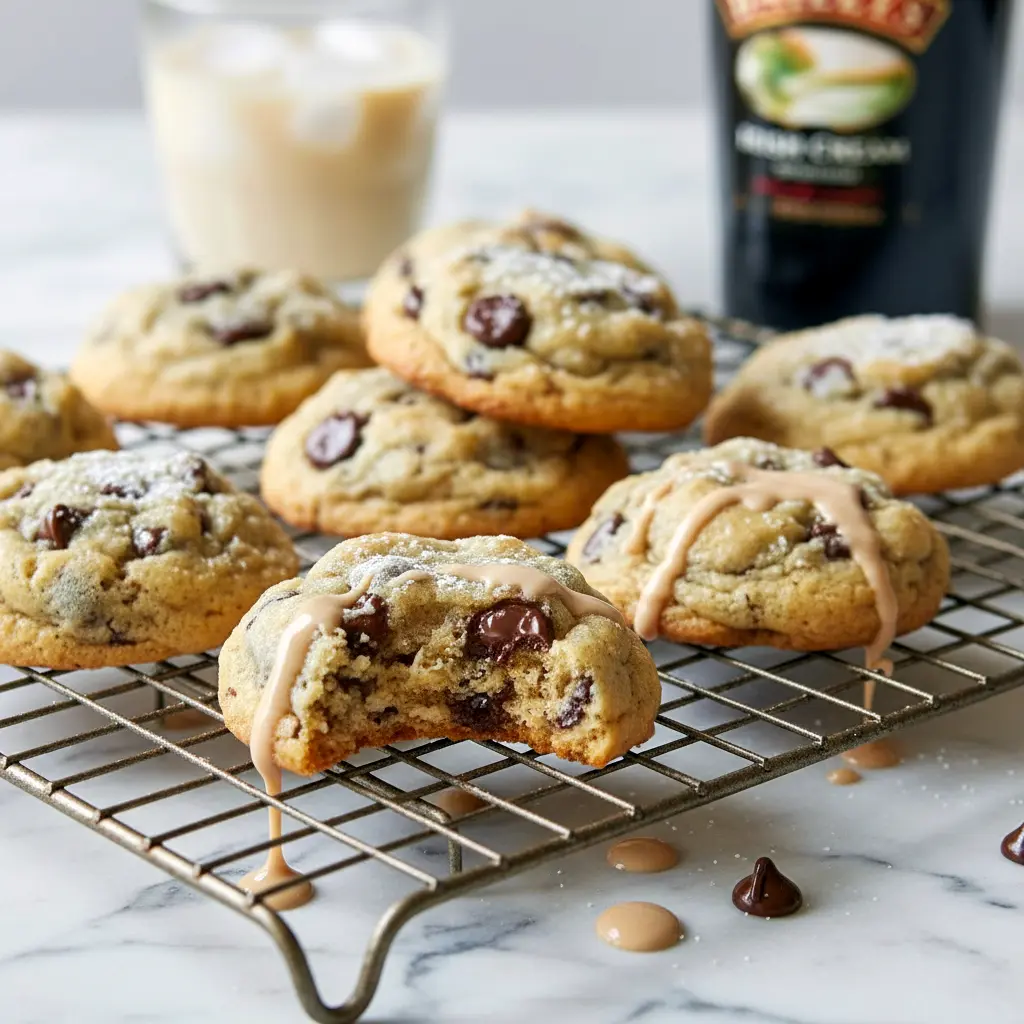 Baileys Cookies Recipe on a rustic plate: stacked Irish Chocolate Chip Cookies with gooey chips and a light glaze, a perfect idea for What To Make With Baileys Irish Cream and a must-pin for Baileys Baking Recipes; picture also evokes Bavarian Cream Cookies or simple Bailey Cookies, standing apart from Hennessy Cookies, and fits right into Irish Recipes Desserts and go-to Recipes With Baileys collections.