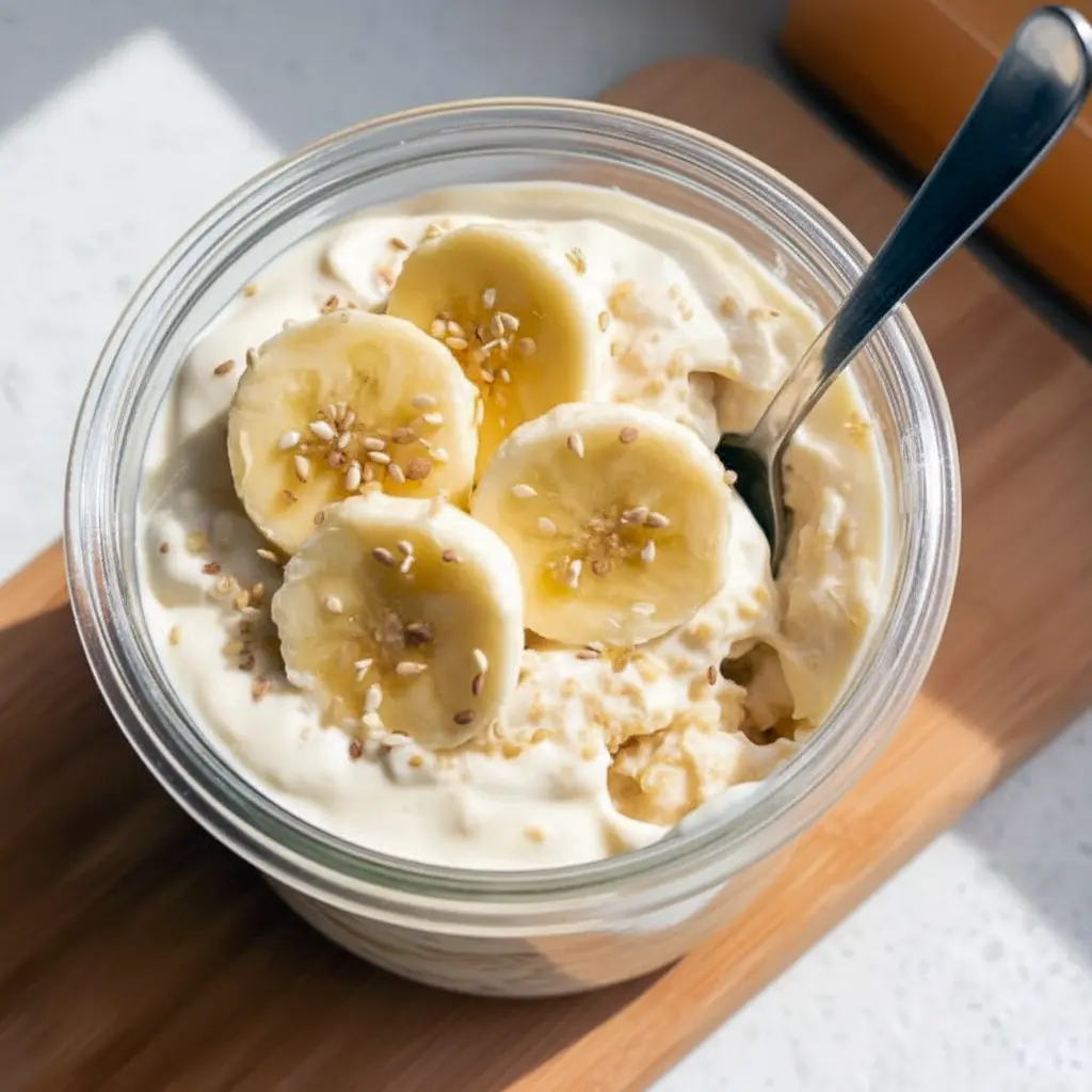 Close-up of a mason jar filled with layered Banana Cream Pie Overnight Oats, showing creamy yogurt and mashed banana with a graham cracker crumble — a dreamy Overnight Oatmeal With Yogurt that's an Overnight Oats Recipe Easy to prep and a serious candidate for the Best Overnight Oats Recipe; styled as one of my favorite Oat Recipes Healthy and an Overnight Oats Recipe Healthy grab-and-go Overnight Oatmeal, inspired by Banana Cream Pie and perfect for Breakfast Meal Prep.