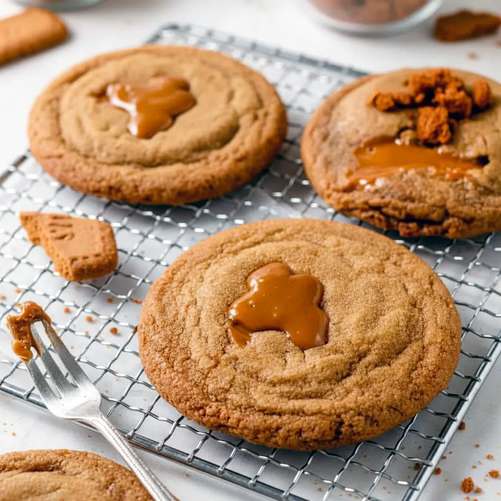 Warm, cracked Biscoff cookie showing a gooey molten cookie-butter center on parchment paper, golden edges and crumbs visible, Biscoff Lava Cookie.