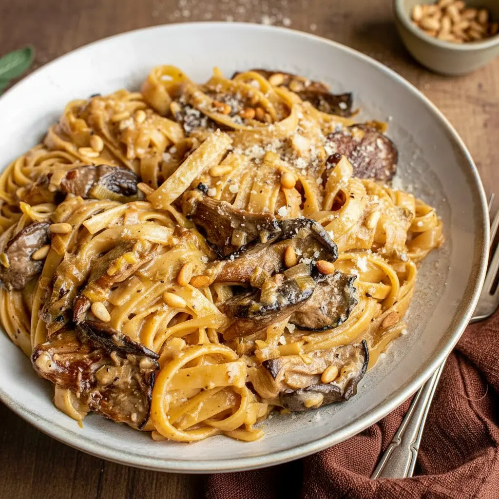 Pasta Dinner Recipes — close-up of creamy leek & mushroom fettuccine with melted Gruyère; great for Vegetarische Rezepte, Veggie Recipes, Pasta Dishes, Pasta Recipes, a little Food For Thought, easy Diy Food Recipes, full-on Italian Recipes — Bon Appétit.