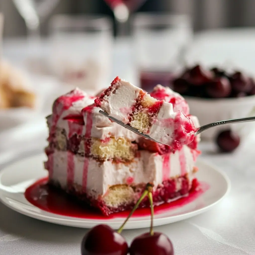 Close-up of cherry tiramisu showing syrupy ladyfingers and piped mascarpone — a visual Ladyfingers Recipe guide and quick hint on How To Make Cherry Tiramisu, Cherry Tiramisu Recipe.