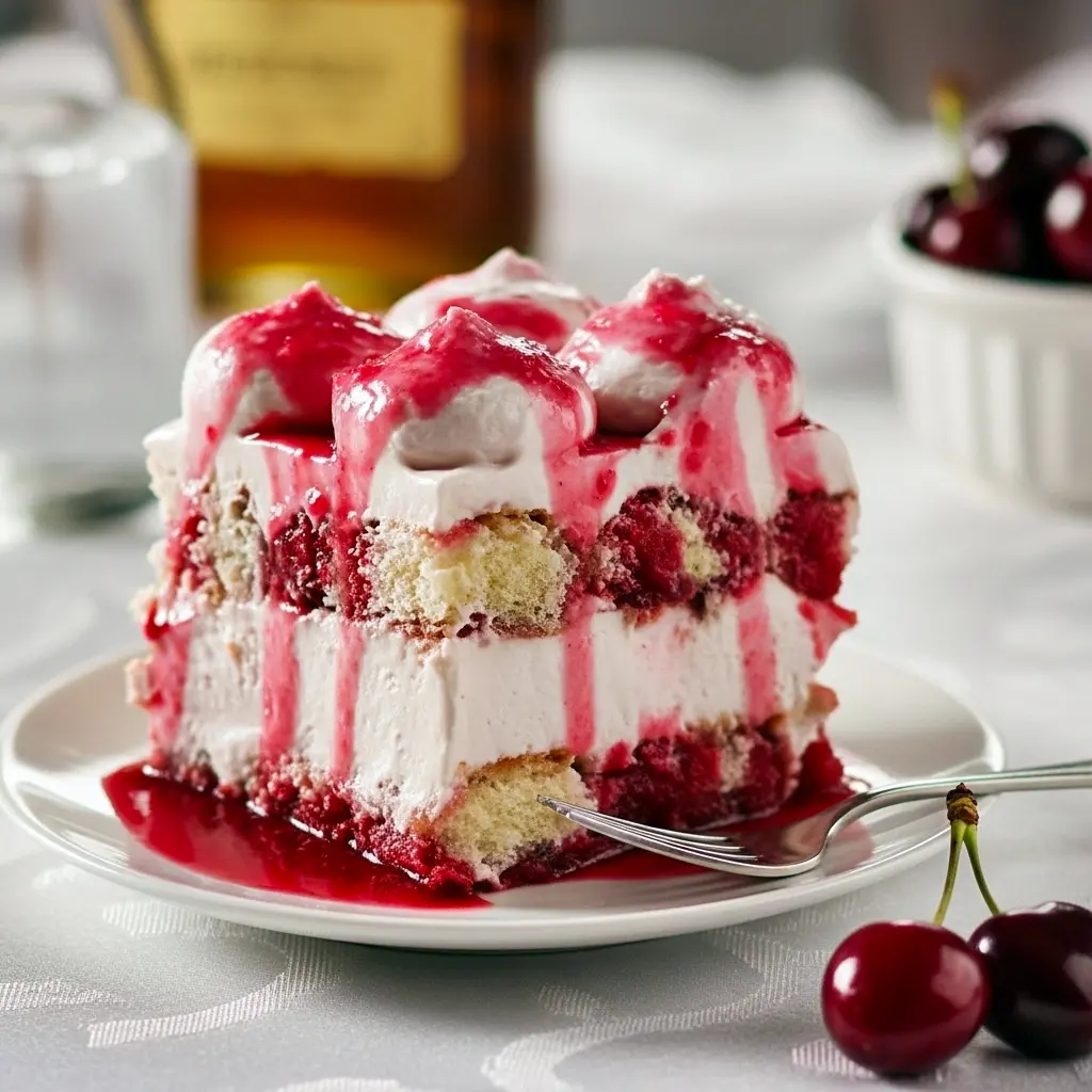 Close-up of cherry tiramisu showing syrupy ladyfingers and piped mascarpone — a visual Ladyfingers Recipe guide and quick hint on How To Make Cherry Tiramisu, Cherry Tiramisu Recipe.