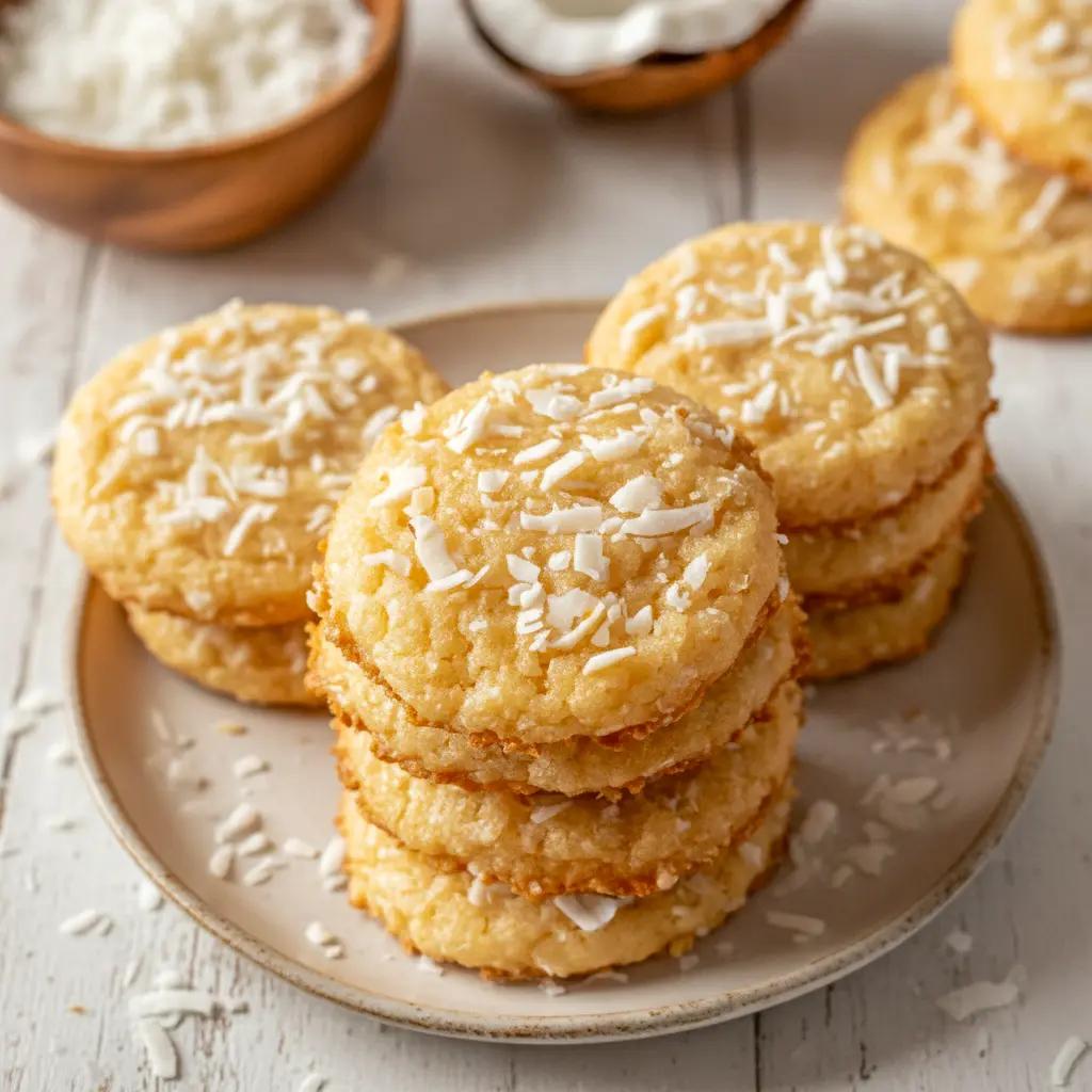 Plate of golden, chewy coconut cookies stacked and sprinkled with flakes — Cookies Recette, also brilliant as Cookie Bar Recipes.