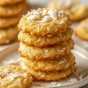 Plate of golden, chewy coconut cookies stacked and sprinkled with flakes — Cookies Recette, also brilliant as Cookie Bar Recipes.
