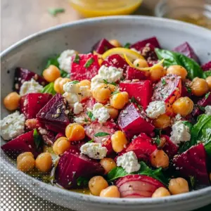 Chickpea, beet, and feta salad with lemon-garlic vinaigrette on a white plate, garnished with parsley.
