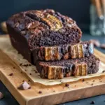 A sliced loaf of Espresso Banana Bread with a dark Chocolate Espresso swirl, topped with banana slices and melty chocolate chips — the ultimate Dessert Bread for coffee and banana lovers.