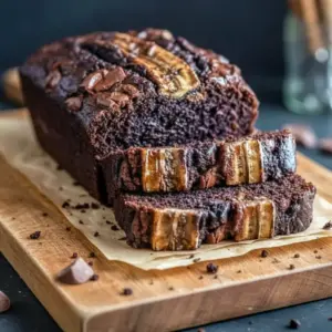 A sliced loaf of Espresso Banana Bread with a dark Chocolate Espresso swirl, topped with banana slices and melty chocolate chips — the ultimate Dessert Bread for coffee and banana lovers.