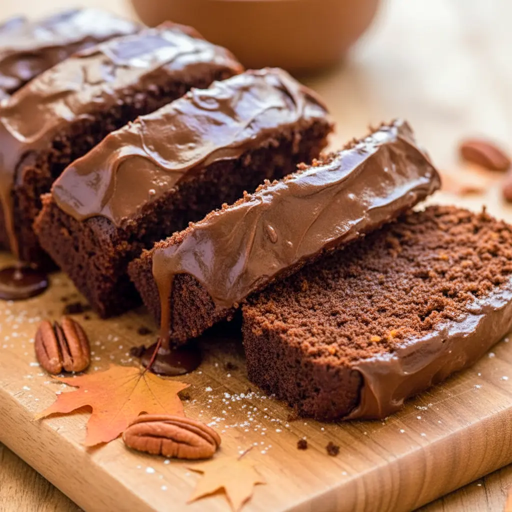 Moist chocolate pumpkin bread loaf sliced on a wooden board, showcasing a rich, dark crumb with chocolate chips — a cozy fall treat inspired by Pumpkin And Chocolate, perfect for fans of wholesome seasonal baking.