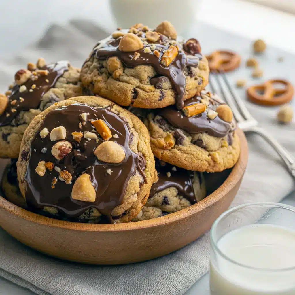 Stack of chunky chocolate-peanut butter pretzel cookies on a cooling rack, close-up, Chubby Hubby Cookies.