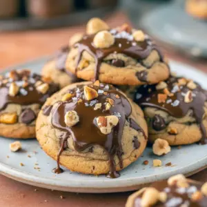 Stack of chunky chocolate-peanut butter pretzel cookies on a cooling rack, close-up, Chubby Hubby Cookies.