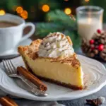 Slice of cinnamon vanilla custard pie in a flaky crust, topped with a dollop of whipped cream and a dusting of cinnamon, styled on a festive plate.
