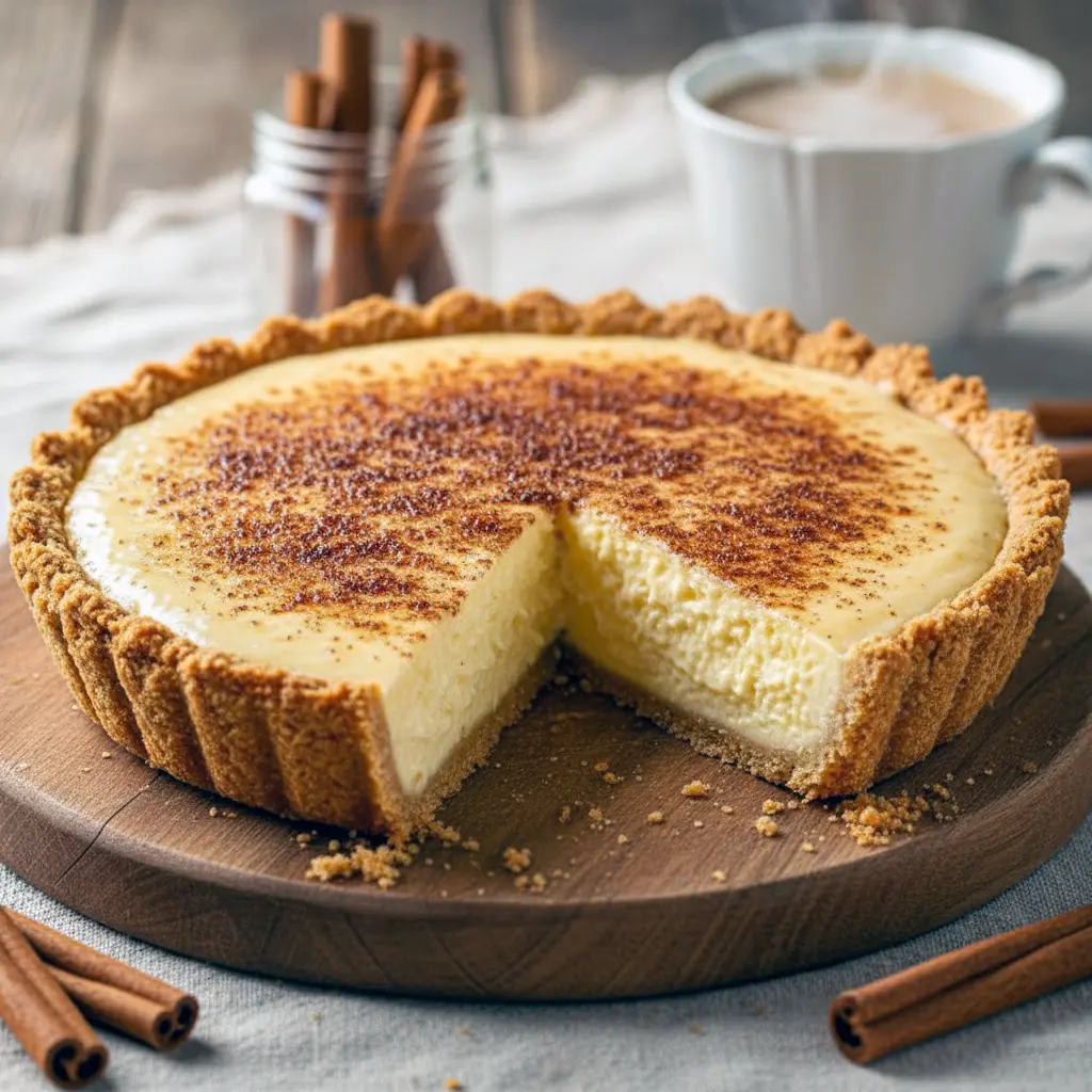 Slice of cinnamon vanilla custard pie in a flaky crust, topped with a dollop of whipped cream and a dusting of cinnamon, styled on a festive plate.
