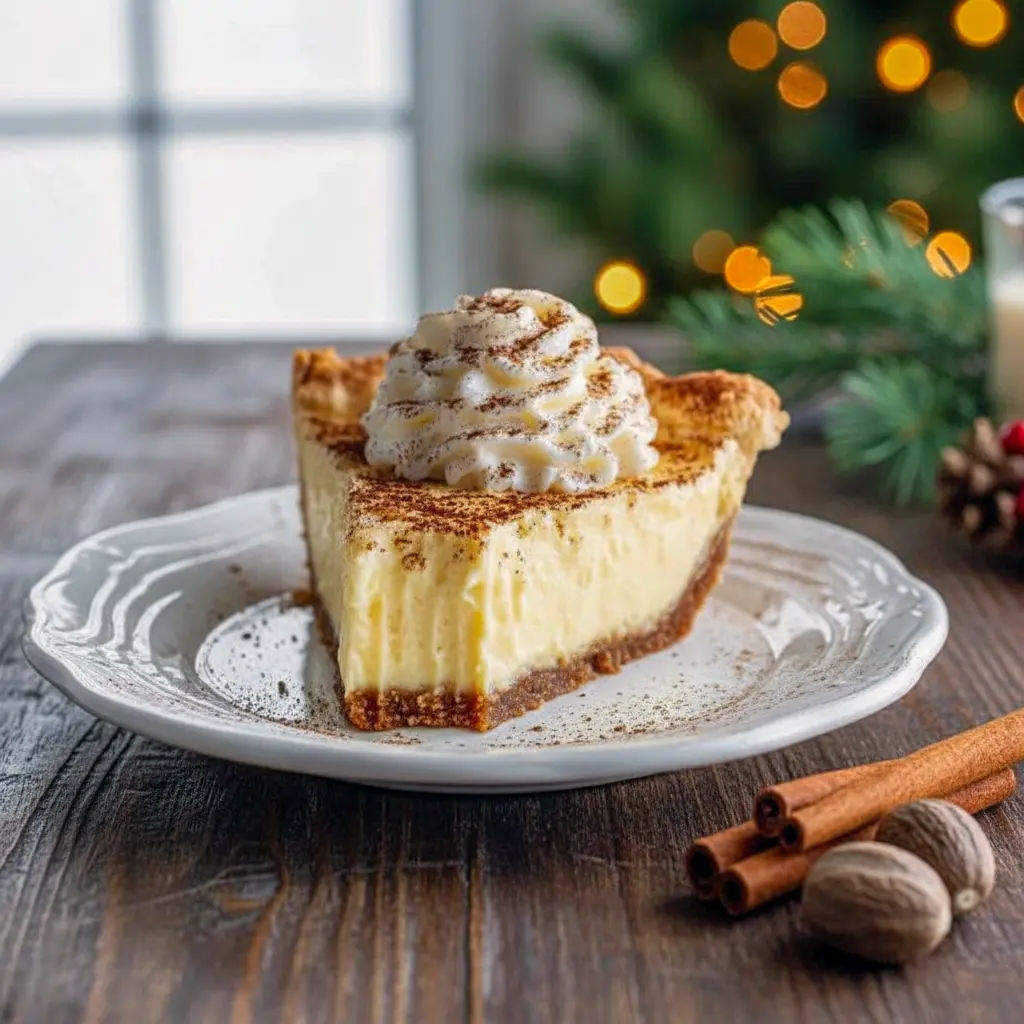 Slice of cinnamon vanilla custard pie in a flaky crust, topped with a dollop of whipped cream and a dusting of cinnamon, styled on a festive plate.