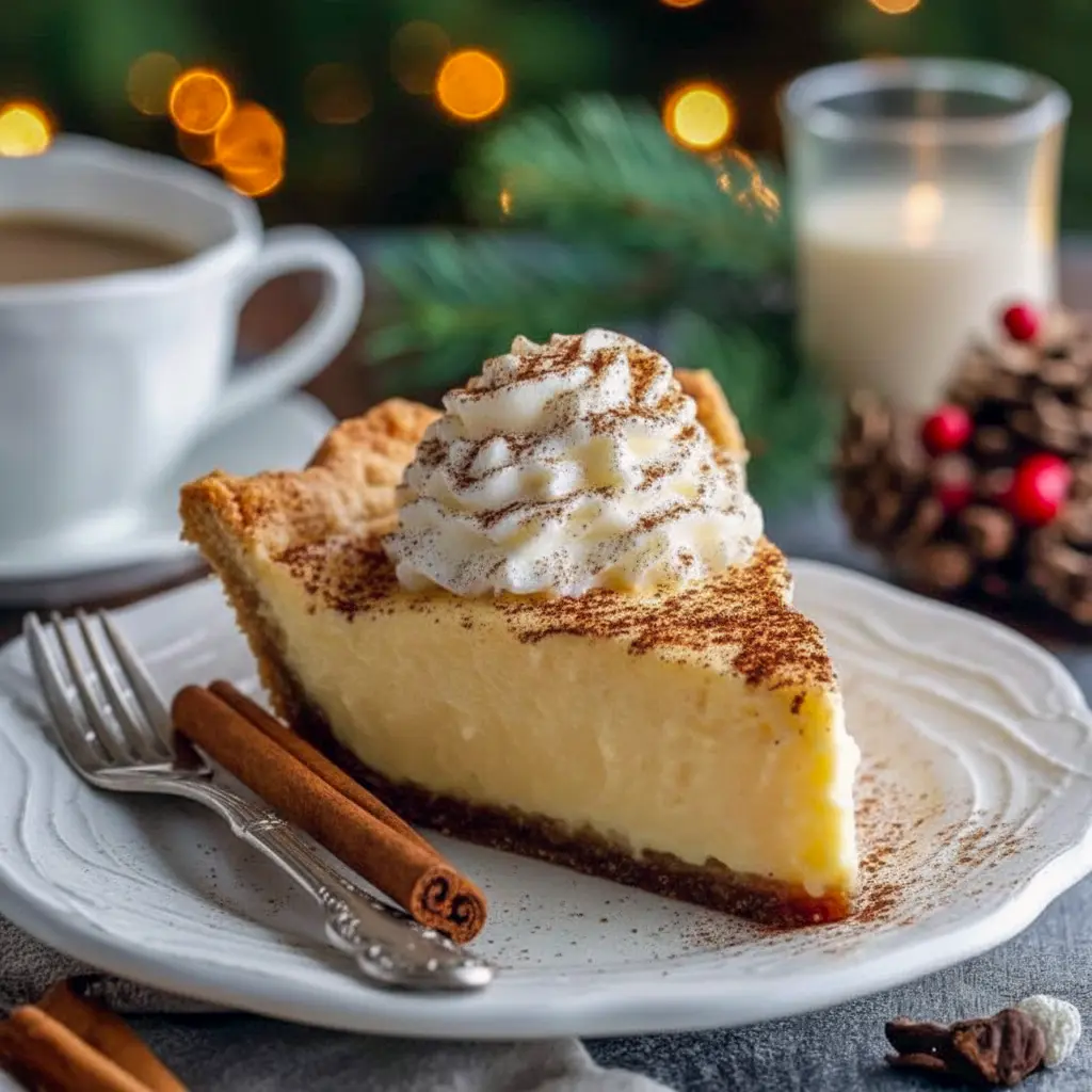 Slice of cinnamon vanilla custard pie in a flaky crust, topped with a dollop of whipped cream and a dusting of cinnamon, styled on a festive plate.