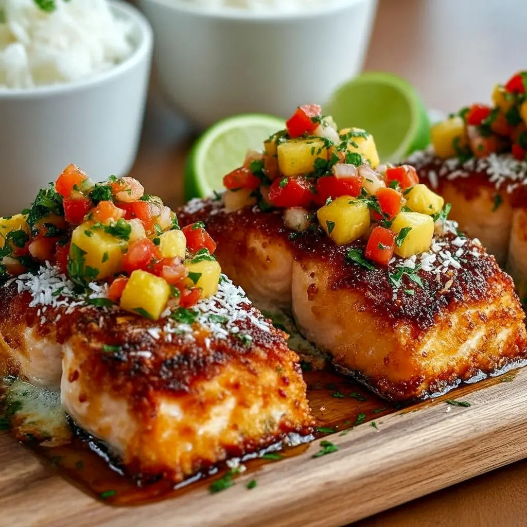 Close-up of a fillet from Salmon Recipes Pineapple collection — crisp crust and juicy fruit topping; plated like Baked Salmon With Pineapple Salsa, a photographed Salmon With Pineapple Salsa Recipe served with rice, finished with colorful Salmon With Tropical Salsa and a final spoon of Salmon With Pineapple Salsa.