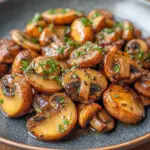 Skillet of golden-browned mushrooms glazed in herb-garlic butter, sprinkled with chopped parsley and ready to serve.
