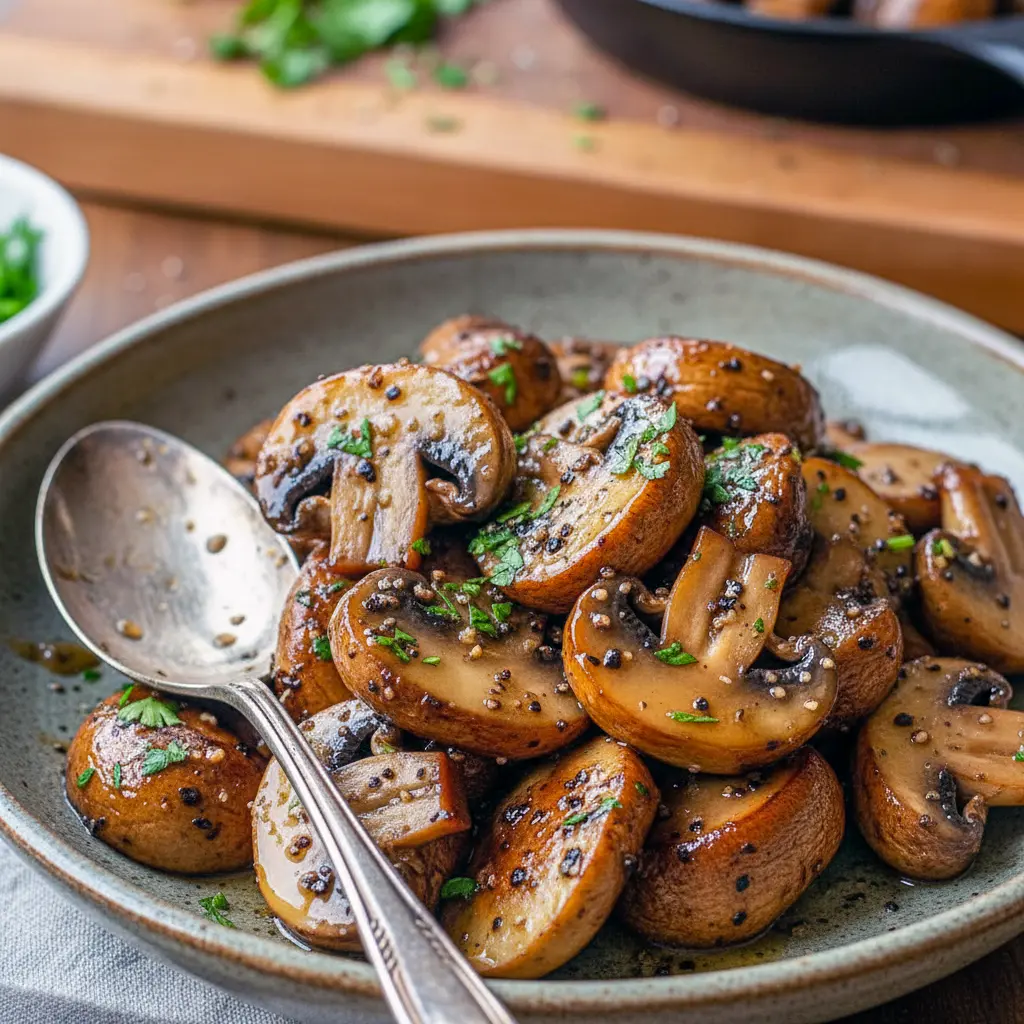 Skillet of golden-browned mushrooms glazed in herb-garlic butter, sprinkled with chopped parsley and ready to serve.