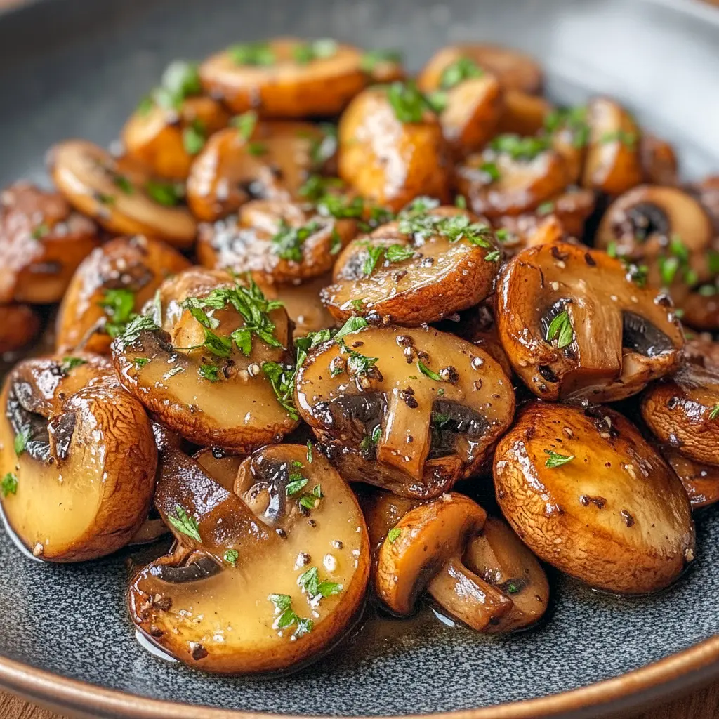 Skillet of golden-browned mushrooms glazed in herb-garlic butter, sprinkled with chopped parsley and ready to serve.